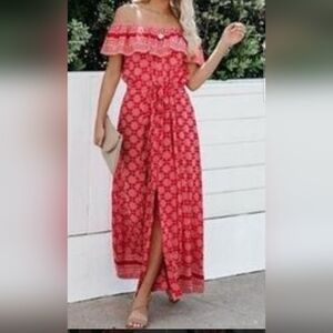 Elegant Red Patterned Maxi Dress